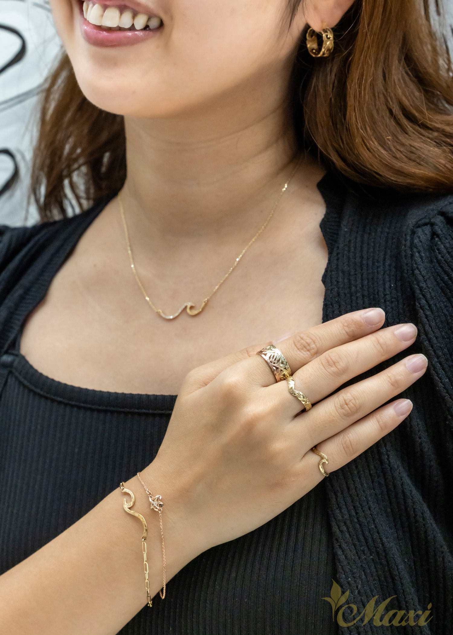 Nalu Wave Bracelet with Paper Clip Chain [14K Gold]