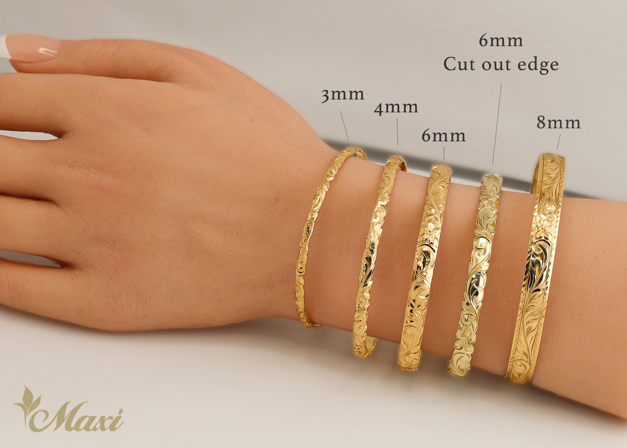6mm Open Bangle Bracelet_Barrel Shape_Cut Out Edge [14K/18K Gold]