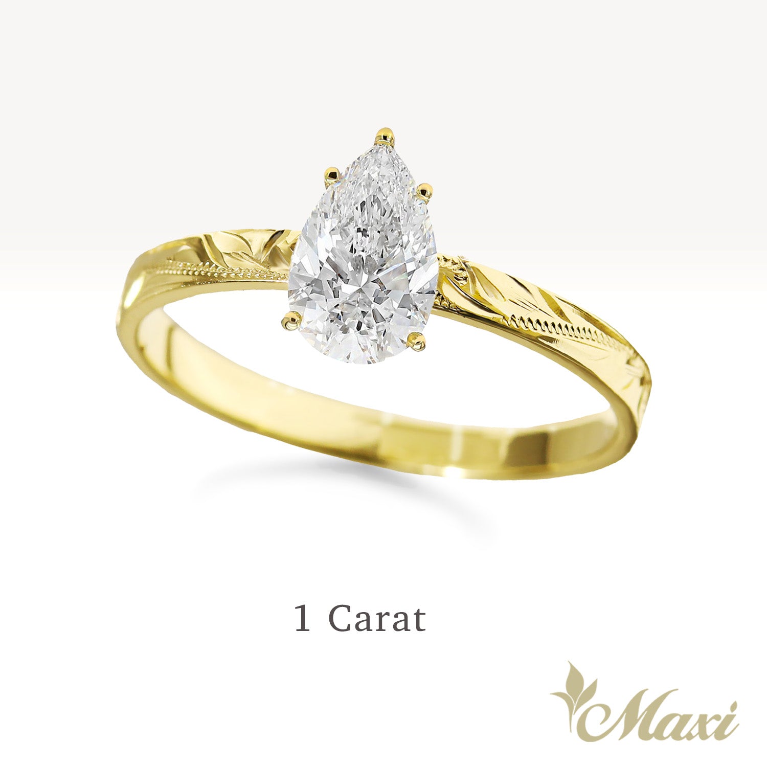 1 Carat Pear Lab-Grown Diamond Hawaiian Engraved Solitaire_Flat Ring [14K/18K Gold/Platinum]