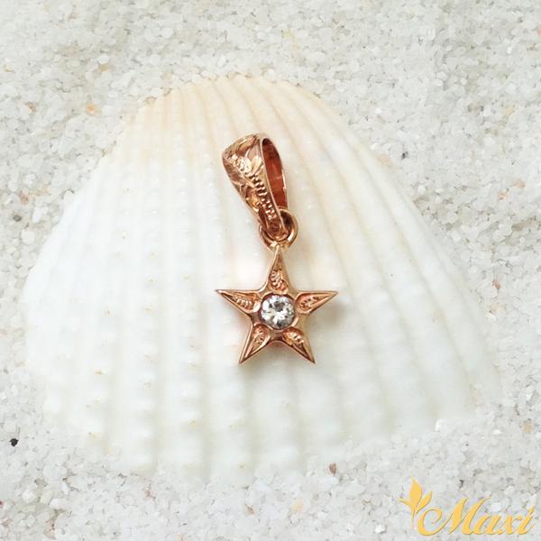 [14K Gold] Star Pendant with Diamond-Hand Engraved Traditional Hawaiian Design (P0498)