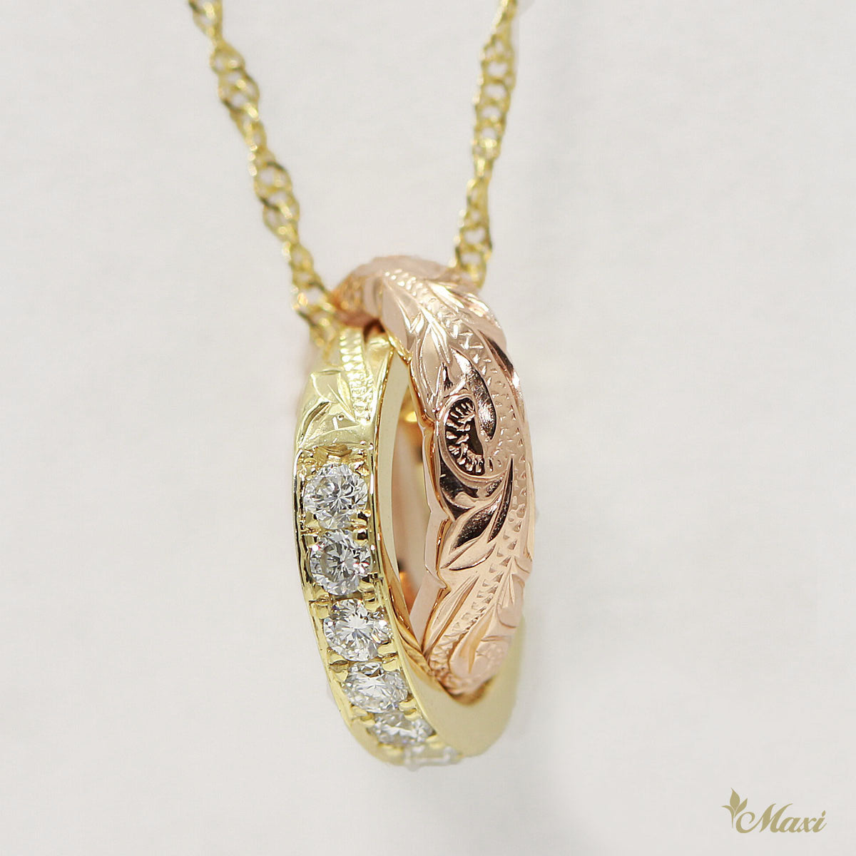 [14K Yellow Gold & Pink Gold] Double Baby Ring w/Diamond Pendant Top Engraved Traditional Hawaiian Design*Made-to-order* (P1237)